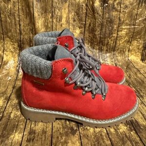 Women’s Red Suede Pikolinos Lagos Ankle Boots with Gray Knit Cuff Size 8